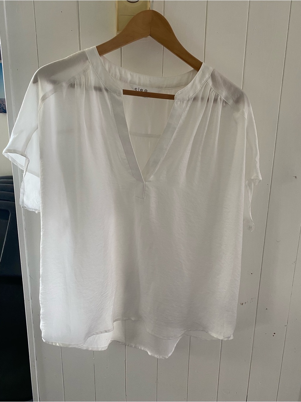 cleo White V-Neck Short Sleeve Sheer Blouse